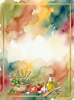 Watercolor cooking background with fresh vegetables, herbs, olive oil bottle, and golden frame border on textured paper. Ideal for recipe cards, cookbooks, culinary blogs.