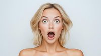 Young blonde woman with shocked facial expression and wide open mouth against light background, showing surprise and astonishment. Natural makeup and bare shoulders.