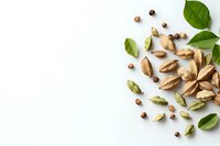 Scattered cardamom pods, seeds and fresh green leaves on white background. Natural spice ingredients layout with copy space for culinary and aromatic concepts.