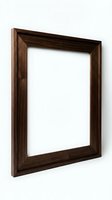 Dark walnut wooden picture frame mockup with empty space, shot at an angle on a white background for art and photo display.