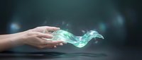 Human hands releasing glowing turquoise energy waves with magical light effects on dark background for digital art and fantasy design projects.