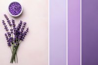 Fresh lavender stems with bath salt in ceramic bowl alongside purple color palette swatches on light background, spa and wellness concept layout.