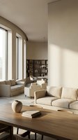 Modern minimalist living room with neutral beige tones, natural light, built-in bookshelf, comfortable seating and wooden coffee table for contemporary home design.