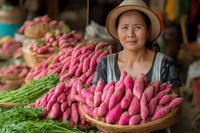 Middle-aged Asian female vendor displaying fresh purple sweet potatoes in traditional woven basket at local produce market, surrounded by vegetables and herbs.