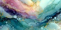 Abstract alcohol ink art with flowing teal, pink and gold colors creating organic waves and bubbles on white background for modern decor.