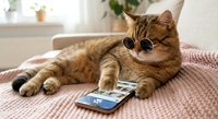 Orange tabby cat wearing round glasses lying on striped bedding with smartphone, depicting modern pet lifestyle and technology humor for social media content.