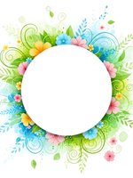 Colorful spring floral frame with tropical flowers, leaves and decorative swirls surrounding blank white circle for text or design elements on transparent background.