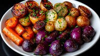 Colorful roasted vegetables arranged on white plate including rainbow carrots, purple potatoes, golden potatoes and cherry tomatoes garnished with fresh herbs and seasonings.