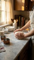 Woman kneading dough on marble counter in warm sunlit kitchen with wooden cabinets and copper bowls for homemade bread baking and cooking preparation.