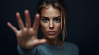 Young Caucasian woman with intense gaze making stop gesture with hand against dark background, dramatic portrait showing strength and empowerment in teal sweater.