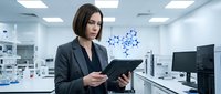 Scientist woman in dark blazer holding tablet in modern laboratory with equipment and molecular structure visualization on wall.