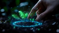 Magical glowing plant seedling with human hand touching ethereal circle of light, sparkling green leaves emerging from dark soil, fantasy nature concept.