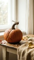 Orange pumpkin with curved stem on rustic wooden table near window with burlap fabric and autumn leaves creating cozy seasonal home decor atmosphere.