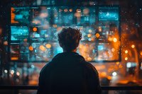 Person looking at futuristic digital screens with data visualization and holographic interface against blurred city lights background in cyberpunk style atmosphere.