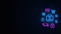 Neon glowing e-commerce icons on dark background featuring shopping cart, payment card, delivery truck, security shield and lock symbols for online business.