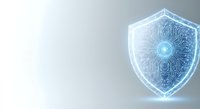 Digital shield with glowing circuit board pattern and fingerprint technology, representing cybersecurity, data protection, and secure authentication systems for tech and business use.