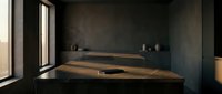 Modern minimalist bathroom with dark concrete walls, wooden vanity countertop, and natural light from window. Suitable for interior design, architecture, and home decor projects.