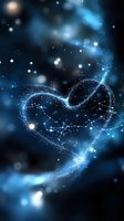 Glowing heart constellation with star map pattern on dark blue cosmic background with bokeh lights and nebula effects, creating romantic celestial artwork.