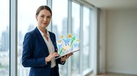 Young Caucasian businesswoman in blue suit holds tablet with floating e-commerce icons, charts, and shopping cart in modern office.