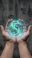 Male hands holding glowing turquoise energy sphere with digital wave patterns against weathered concrete background. Concept for technology, innovation, power, and future vision.