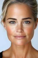 Close-up portrait of a young woman with natural makeup, glowing skin, and bright eyes against light background. Professional beauty and skincare advertising concept.