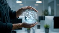 Businessman holding glowing holographic handshake icon symbolizing partnership, agreement, and digital business collaboration in modern office environment.