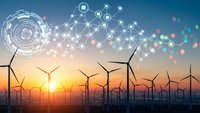 Wind turbines generating renewable energy at sunset with digital network connections and data visualization elements for sustainable technology concepts.