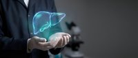 Professional healthcare concept with glowing liver hologram in hands representing medical technology, hepatology diagnosis and organ health protection.