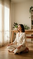 Young woman meditating in peaceful home interior with natural light, plants and wooden furniture for wellness and mindfulness practice.