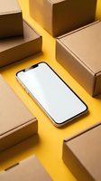 Smartphone with blank white screen surrounded by cardboard shipping boxes on bright yellow background for online shopping and delivery mockup.
