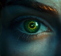 Extreme close-up of a mesmerizing green eye with intricate iris details and reflections, captured in dramatic lighting with deep shadows and ethereal glow.