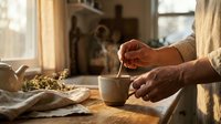 Caucasian man stirring steaming herbal tea in a rustic ceramic mug on a wooden kitchen table with dried herbs and a teapot nearby.
