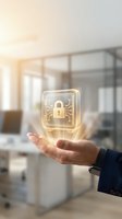 Businessman holding glowing digital security lock icon with circuit board pattern in modern office environment, representing cybersecurity, data protection, and network safety solutions.
