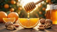 Honey dripping from wooden dipper onto fresh orange slice with walnuts, ginger root, and jar of honey on rustic surface, ideal for food and wellness marketing.