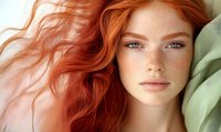 Young woman with natural red wavy hair, freckles, and green eyes on light background. Gentle makeup and soft lighting create dreamy romantic mood.