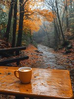 Orange ceramic mug with latte art on wooden table overlooking misty autumn forest stream, fallen leaves scattered around, moody atmospheric scene.