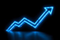 Glowing blue neon arrow chart showing upward trend on black background with reflection, symbolizing business growth and financial success.