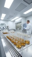 Modern laboratory with rows of glass beakers containing amber liquid samples on stainless steel bench. Blurred male scientist in white coat works in background near equipment. Bright LED ceiling panels illuminate sterile research environment for pharmaceutical, chemical or medical testing.