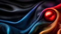 Vibrant abstract waves in red, blue and black with glowing sphere create dynamic flowing motion against dark background, suitable for modern design projects.