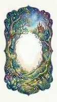 Enchanted forest frame with fairy tale castle, magical trees, winding path and starry night sky creating mystical border for text or design elements.