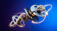Intricate clockwork mechanism with golden gears and springs floating against deep blue gradient background with dynamic light trails and energy effects.