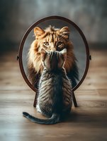Small kitten looking at mirror reflection showing majestic lion-like cat, creating surreal and inspiring contrast between current self and future potential.