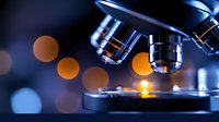 Professional microscope lenses focused on illuminated specimen slide with orange and blue bokeh background, capturing scientific research and laboratory analysis.