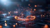 Digital brain surrounded by glowing neural network connections on circuit board background with orange light effects and bokeh, representing artificial intelligence.