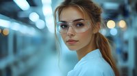 Young Caucasian female scientist or medical professional wearing protective eyewear and lab coat against blurred laboratory background with blue toned lighting and bokeh effect.