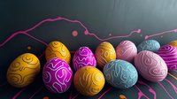 Colorful decorated Easter eggs with swirl patterns arranged on dark surface with pink flowing lines and artistic lighting effects.