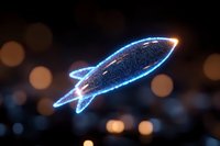 Glowing blue rocket silhouette against dark bokeh background creates magical atmosphere with sparkle effect and neon light trails for space travel concepts.