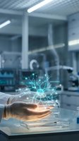 Scientist hand holding glowing neural network hologram in modern laboratory. Medical research, artificial intelligence and biotechnology innovation concept.