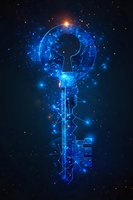 Glowing blue digital key with circuit pattern elements floating in dark space surrounded by magical light effects and particles. Cybersecurity concept.