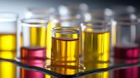 Laboratory test tubes with colorful yellow and red liquid samples in glass rack, scientific research experiment in chemistry lab.